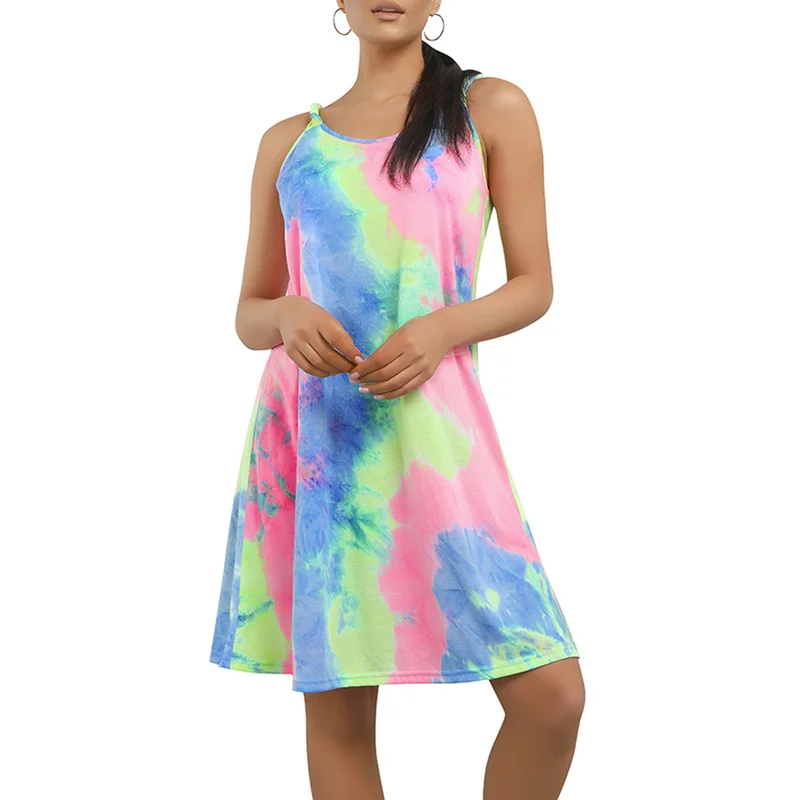 

Women Summer Slip Dress Multicolored Tie-dye Dress Sexy Basic Mini Dresses Sleeveless Loose Backless Sundress Casual Vestidos