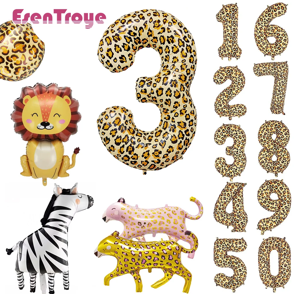

32Inch Cheetah Number Foil Balloons Woodland Animal Leopard Tiger for Kids Jungle Safari Birthday Party Decoration Supplies Toys