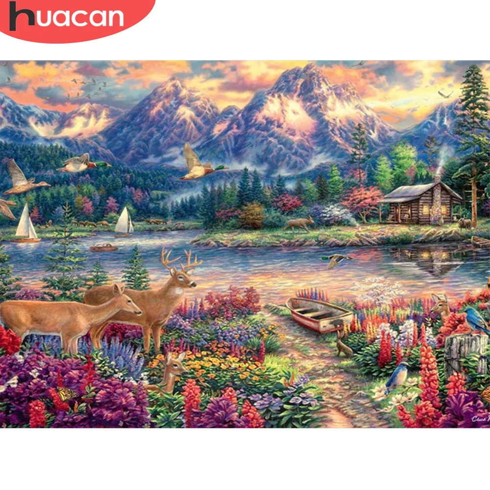 

Алмазная живопись HUACAN, комплект для вышивки гор, озер, мозаика, вышивка пейзажа, хобби, домашний декор