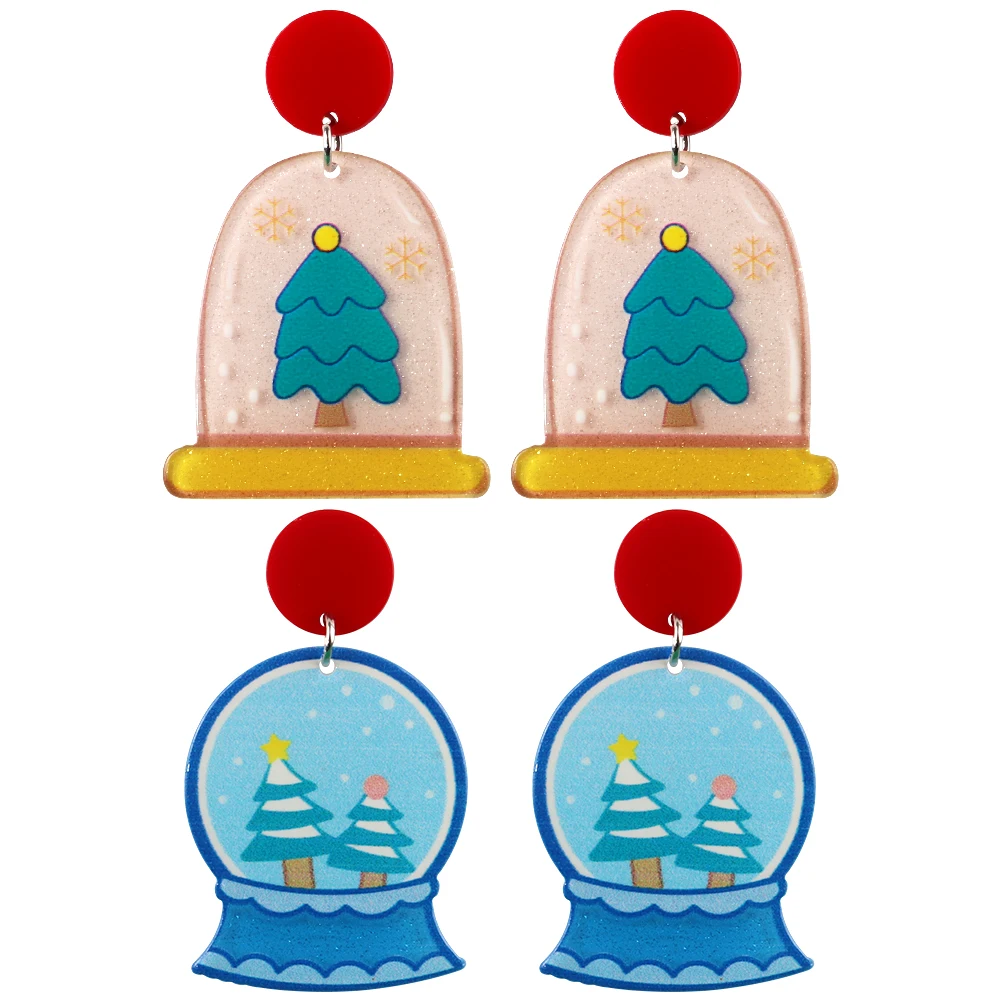 

New Snow Scene Crystal Ball Print Acrylic Christmas Earrings for Women Cute Cartoon Xmas Tree Drop Earring New Year Jewelry Gift