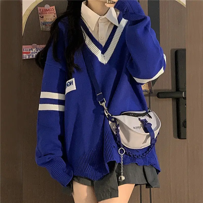 HOUZHOU женский стиль Y2k винтажный джемпер в стиле преппи с V-образным вырезом