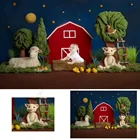 Виниловый фон для фотосъемки новорожденных с изображением Красного дома и животных