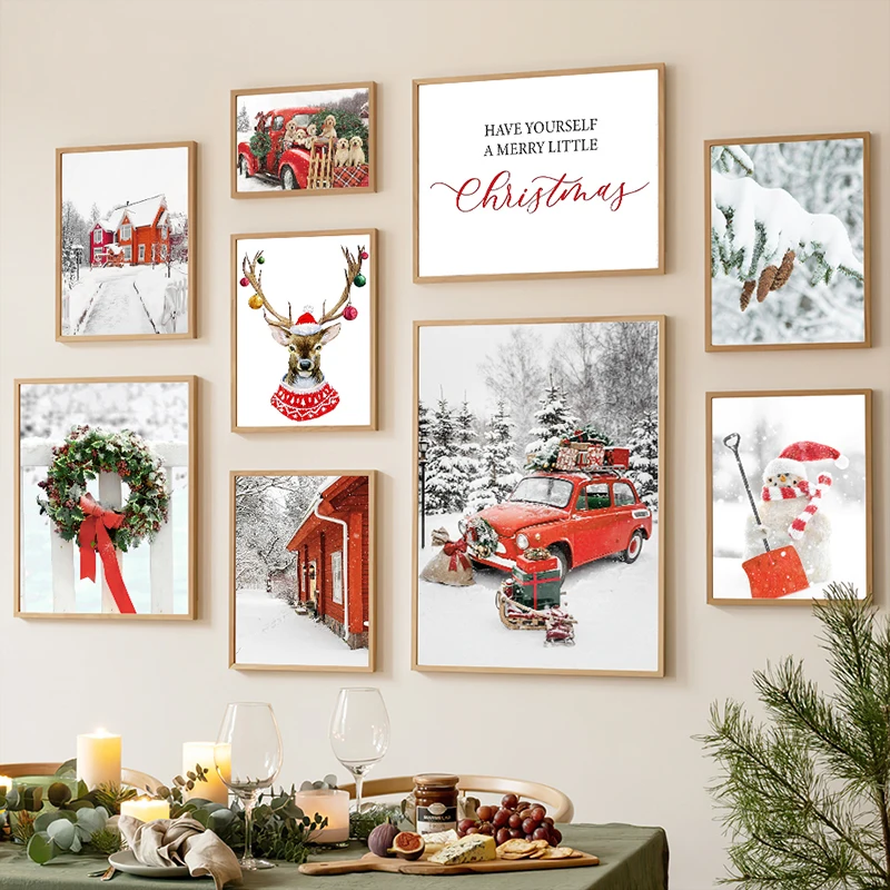 

Merry Christmas Dog Elk Christmas Tree Gift Wall Art Canvas Painting Holiday Poster and Print Picture for Living Room Home Decor