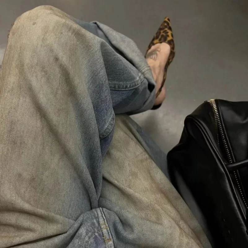 Окрашенные в грязь старые свободные повседневные джинсы потертые широкие брюки