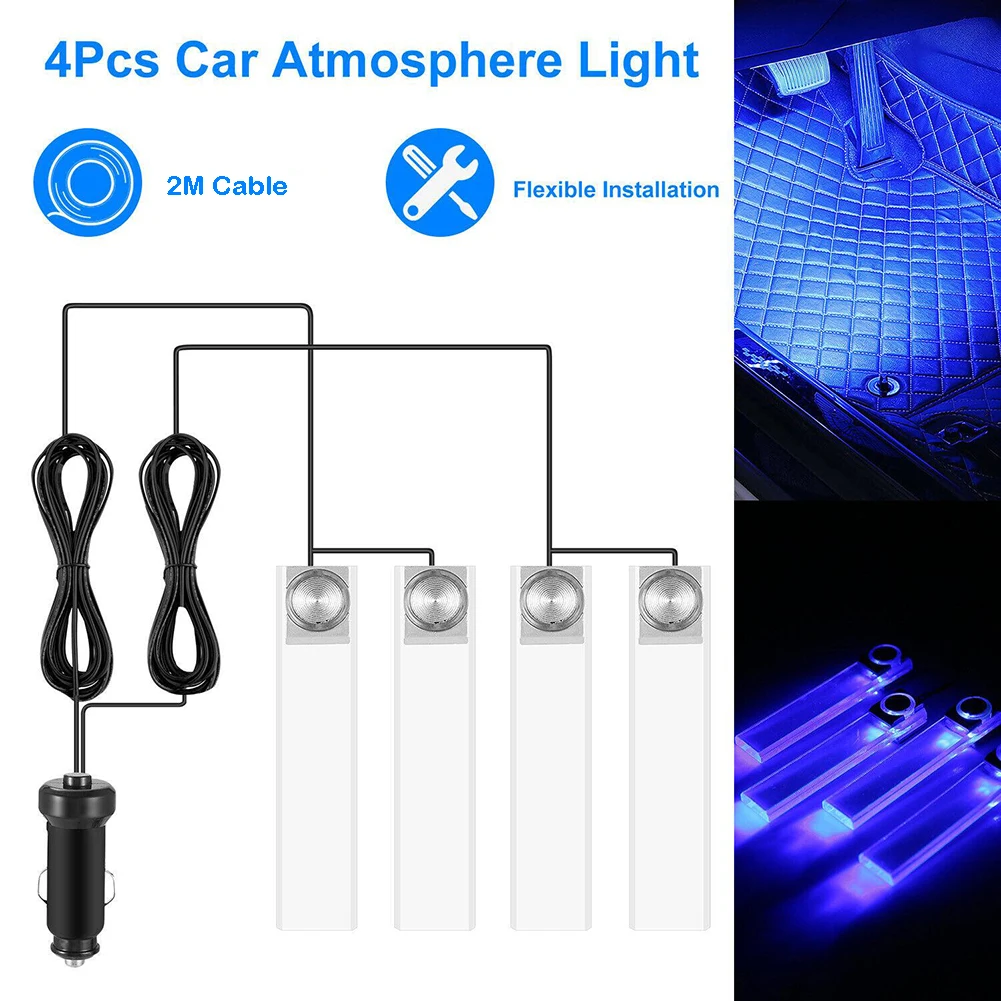 

1 Set 4 LED Car Interior Atmosphere Decorative Lights Floor Dash Lamp Blue Lights ON-OFF Switch 12V Car Light Accessories