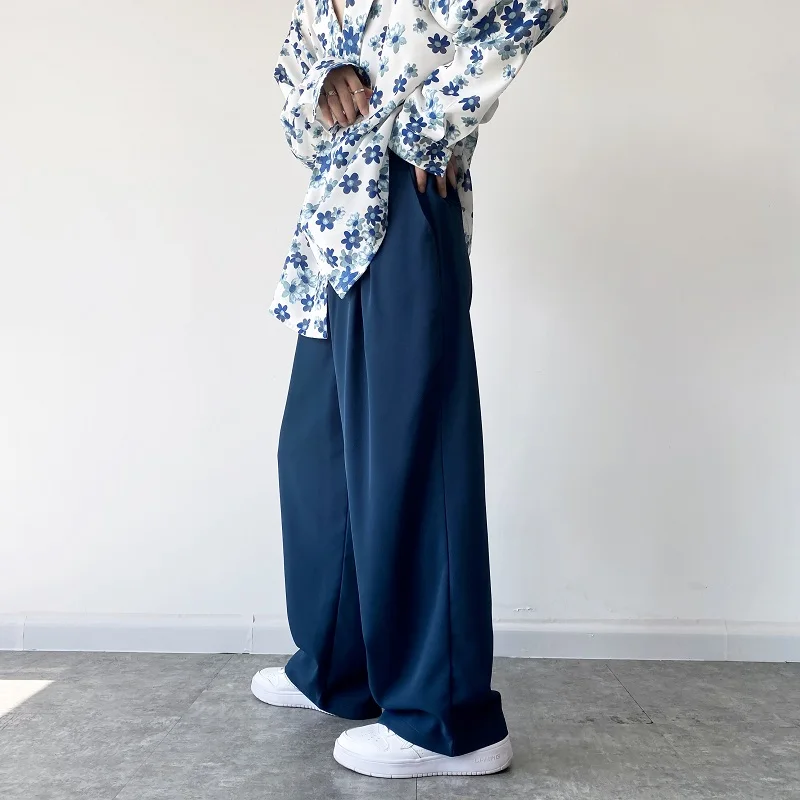 

Брюки мужские модные уличные, свободные синие брюки, винтажные повседневные штаны в Корейском стиле, костюм с широкими прямыми штанинами