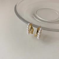 allnewme minimalist simulated pearl irregular twisted dangle earrings for women gold color alloy double layers geometric earring