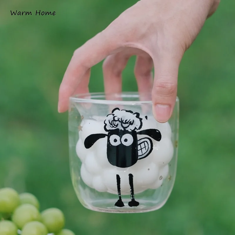 

2022 Cute Sheep Double Cup Girl Milk Cups Drinkware Glass Child Loves Drinking Milk Carton Creative Gift Coffee Mugs Shot Glass