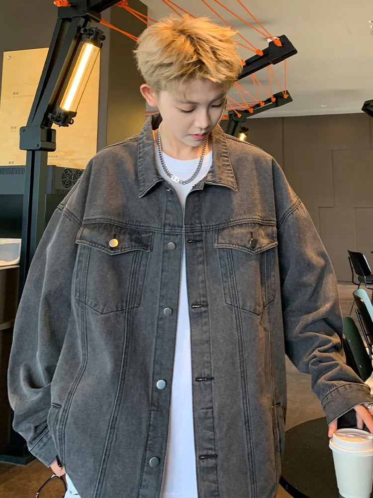 Light Blue American Denim coat Men's Spring and Autumn 2024 New Fashion Brand Loose Plus size Junior High School Student Jacket