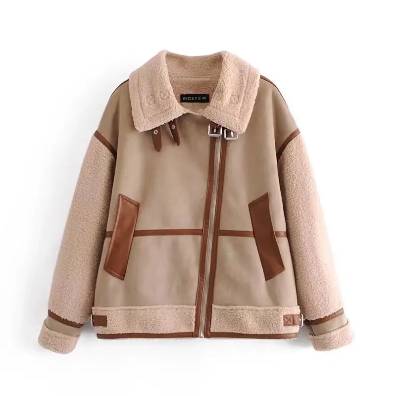 2022 Autumn New European and American Style Women's Loose Lamb Wool Stitching Retro All-Match Warm Motorcycle Jacket