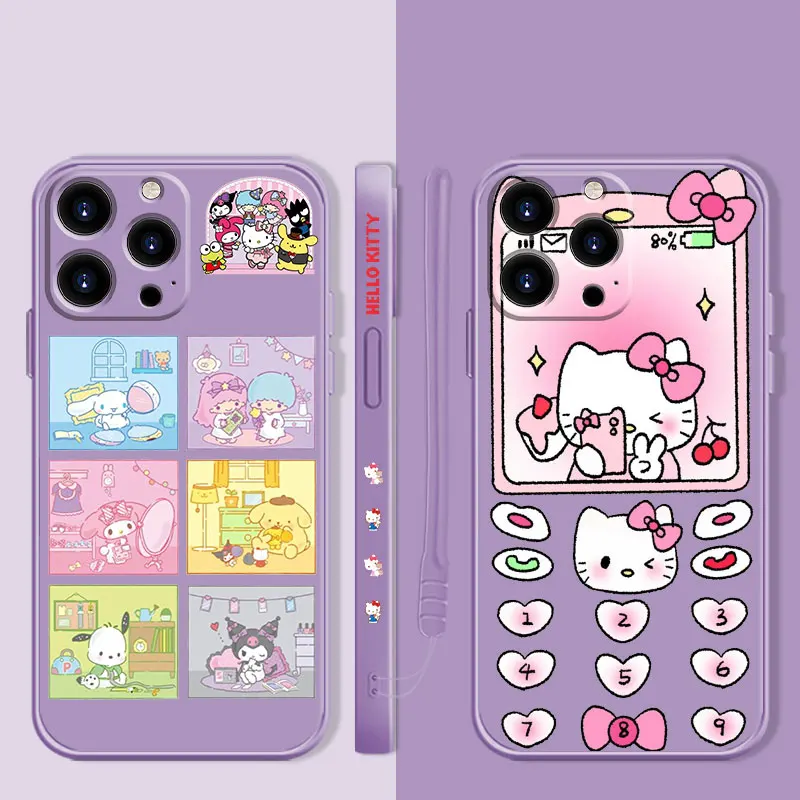 

Hello Kitty Kuromi Family Square Liquid Phone Case For Apple iPhone 14 13 12 11 Pro Max 13 12 Mini XS XR X 7 8 6 6S Plus Shell