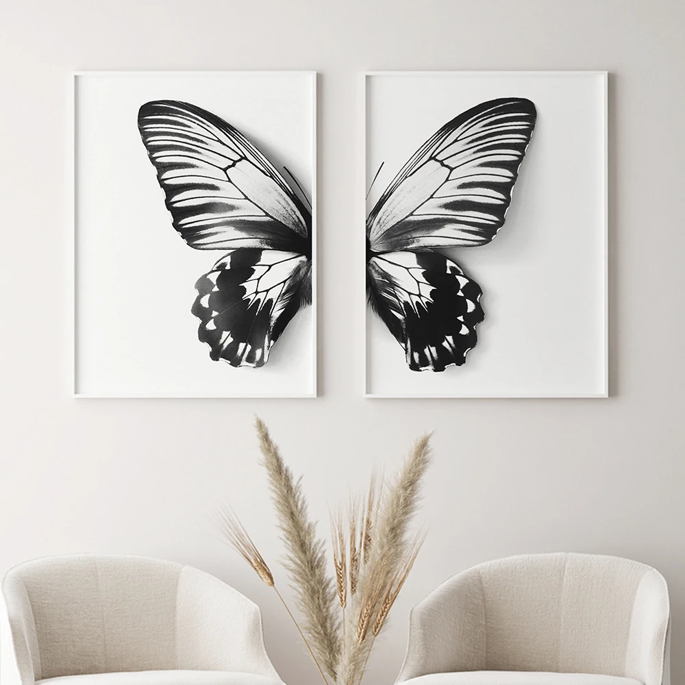 

2Pieces Wall Art Poster and Print Canvas Painting Black and White Butterfly Nordic Animal Pictures for Living Room Home Decor