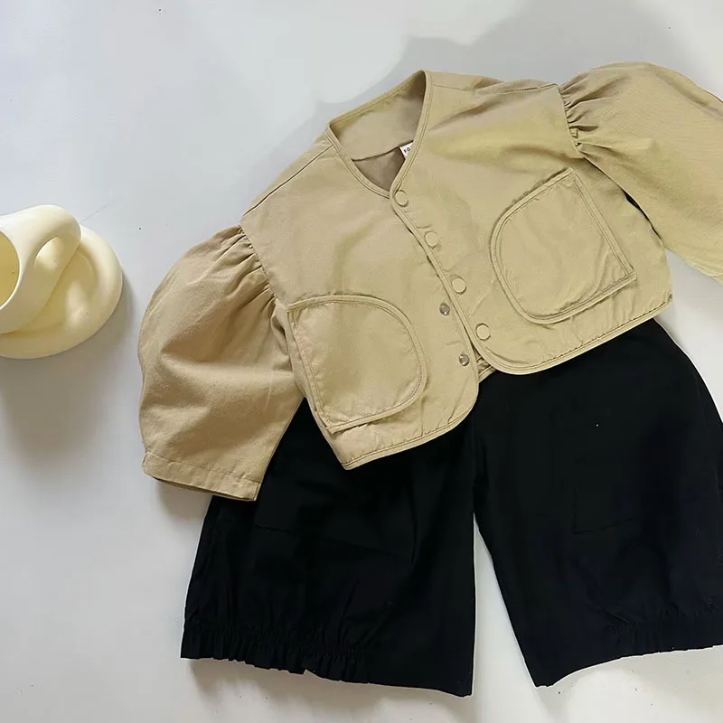 

Toddler Girls Clothes Apring Autumn Kids Sets Solid Long Sleeve Pocket cardigan Coats+ Loose Pants Children OutfitsC01