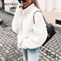 knitted white turtleneck sweater women autumn winter solid batwing sleeve fluffy sweater jumper ladies knitwear