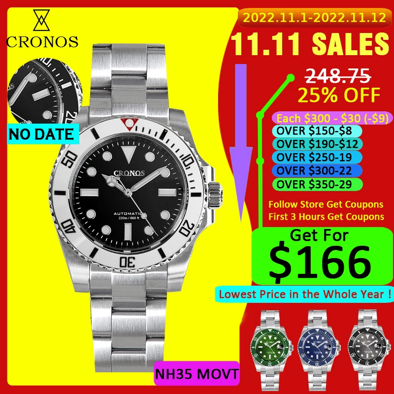 Скидка Часы Cronos Diver Мужские Водонепроницаемые, роскошные с керамическим корпусом, браслет из нержавеющей стали NH35, 20 бар, с скользящей застежкой