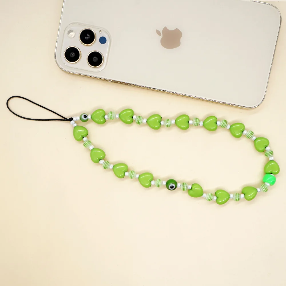 Green Series Acrylic Heart Beaded Lanyard Fashion Wristband Ladies Anti-Lost Ornament Mobile Phone Chain Trend Jewelry Accessory