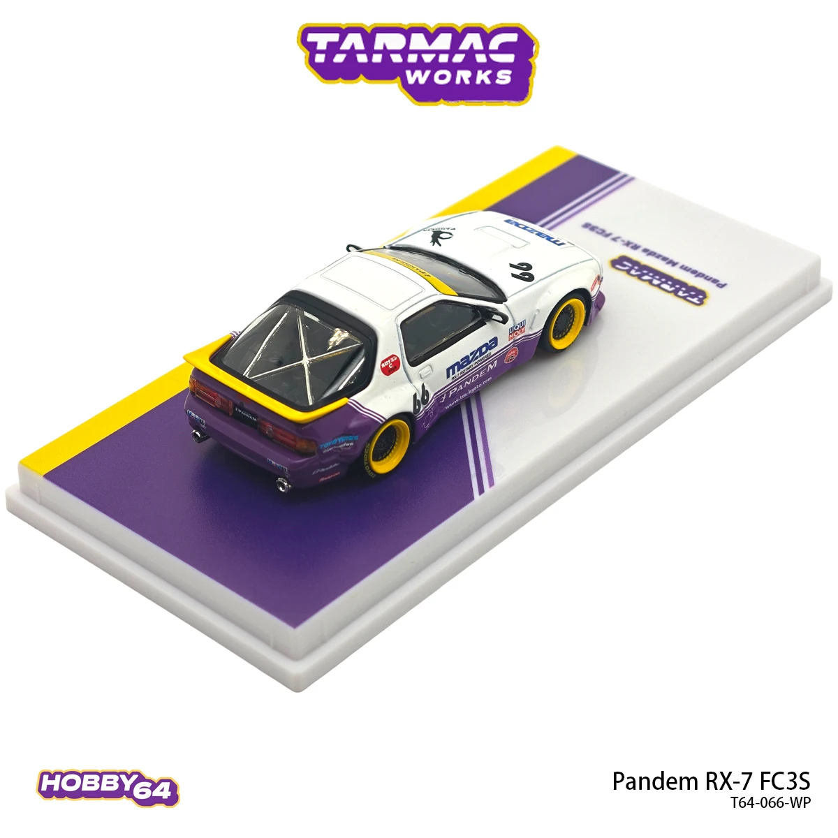 Фото В наличии: Коллекционная модель автомобиля Tarmac Works Hobby64 T64-066-WP 1:64 Pandem RX-7 FC3S, бело-фиолетово-желтая ливеринг-комбинация, ширококузовная, литая под давлением. №3
