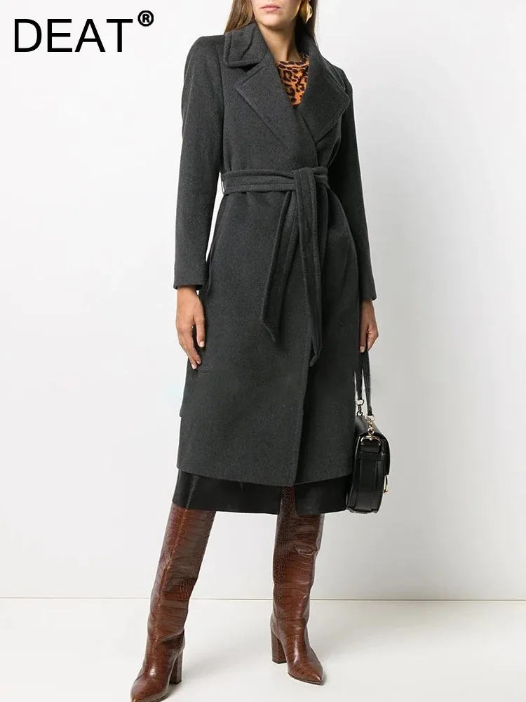 

Женское шерстяное пальто с поясом DEAT, толстое теплое пальто с отложным воротником и длинными рукавами, без пряжки, новинка зимы 2023, 7AB2029