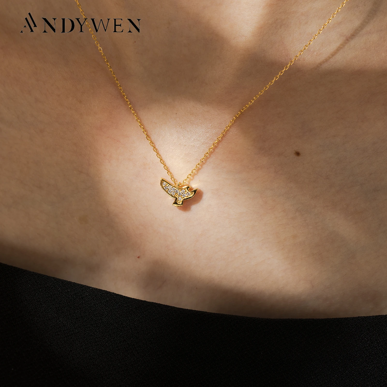 

ANDYWEN 925 Sterling Silver Gold Bird Kitty Pendant Necklace Long Chain Choker Luxury Crystal CZ Zircon Fine Jewelry Gift