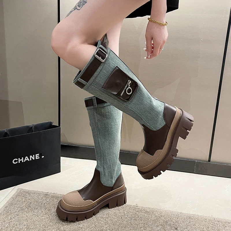 

Женские сапоги на среднем каблуке, роскошные дизайнерские сапоги с круглым носком, Ковбойские Сапоги выше колена из резины в стиле «Лолита», 2023