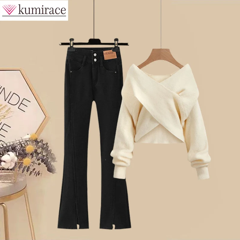 

South Korea Autumn Large Women's Clothing 2022 New Elegant Women's Waist Folded Crossover Sweater Flare Jeans Two-piece Set