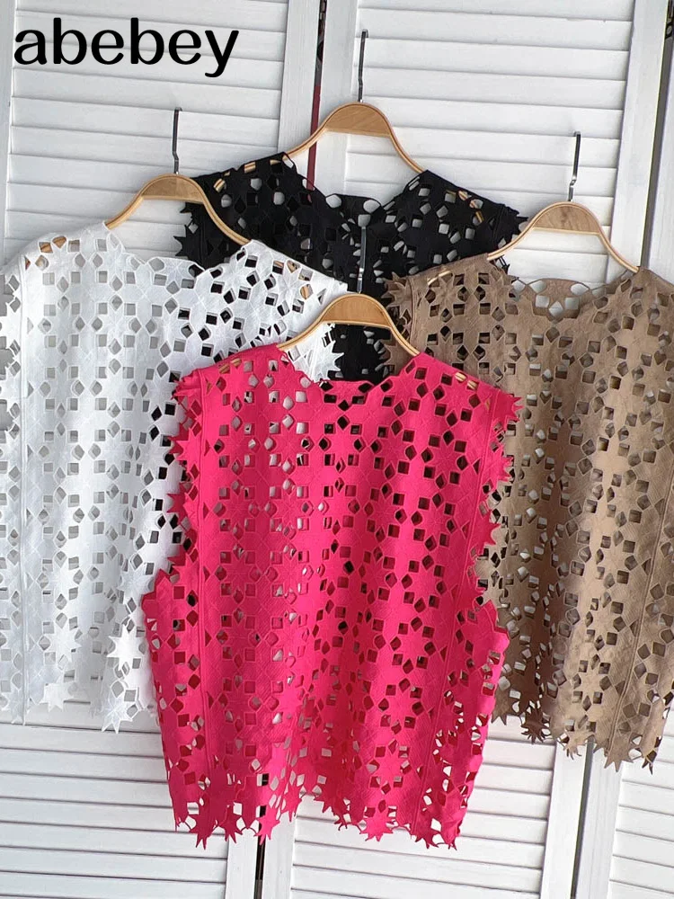 

Red Womens Vest 2022 Korean Fashion Lace Hollow-out Sleeveless O-neck Pullover Tops Causal Sumemr New Female Waistvest