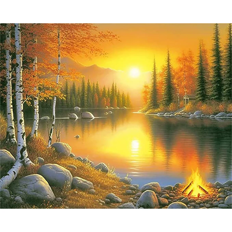 

5D DIY Diamond Painting River Sunset Full Square/round Pine Tree Diamond Embroidery Mosaic Cross Kits Landscape Home Decoration