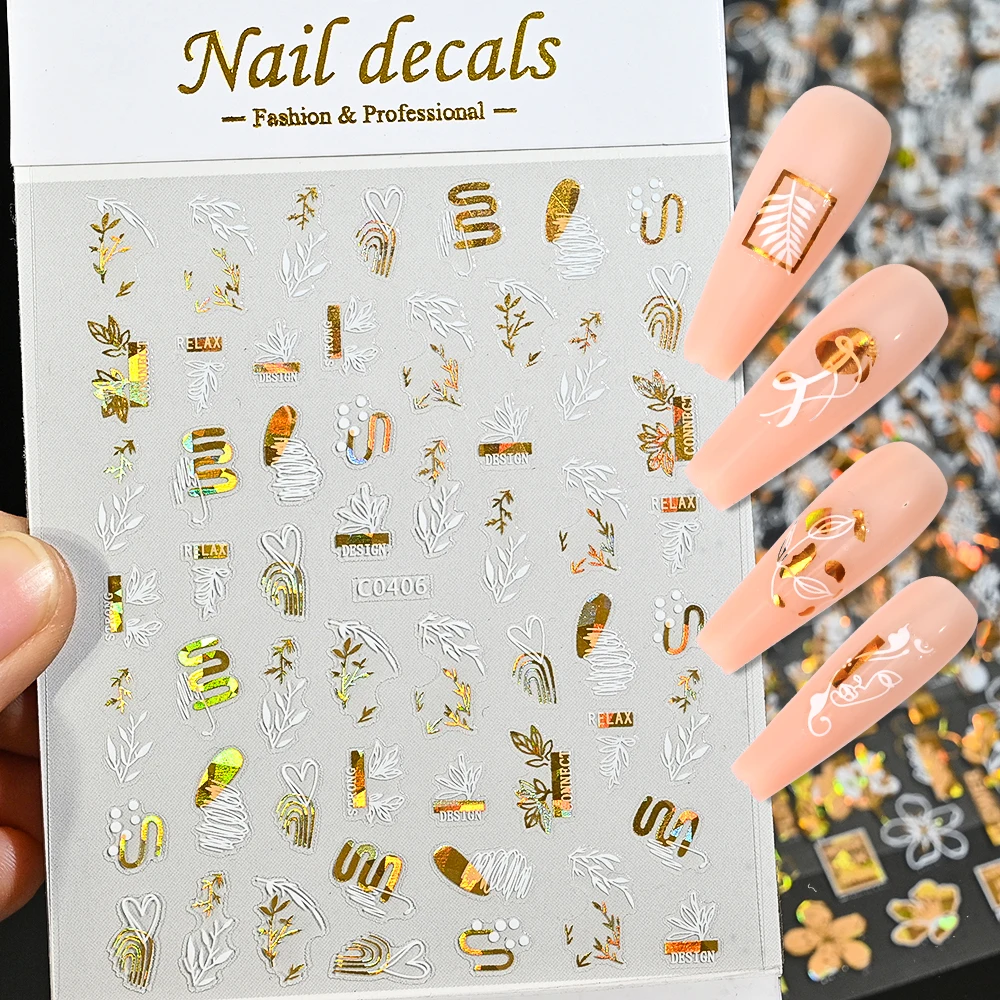 

1 Sheet Bronzing Nail Stickers 3D Self-Adhesive White Laser Gold Leaf Flowers Abstract Lines Nail Decal Slider Paper Decoration