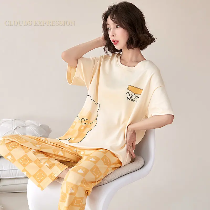 

Летние Пижамные комплекты больших размеров 5XL, женская трикотажная пижама с коротким рукавом и рисунком из мультфильма, домашняя модная женская пижама