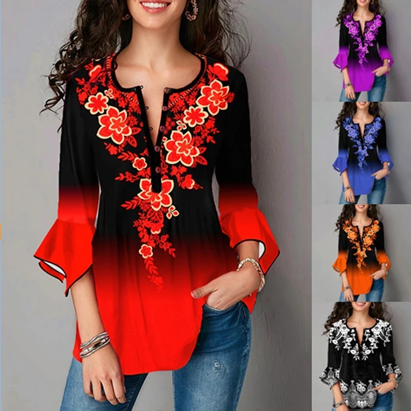 

Flower Print V Neck T Shirt Casual Ladies Three Quarter Sleeves Tops Vintage Spring Autumn Female T Shirts
