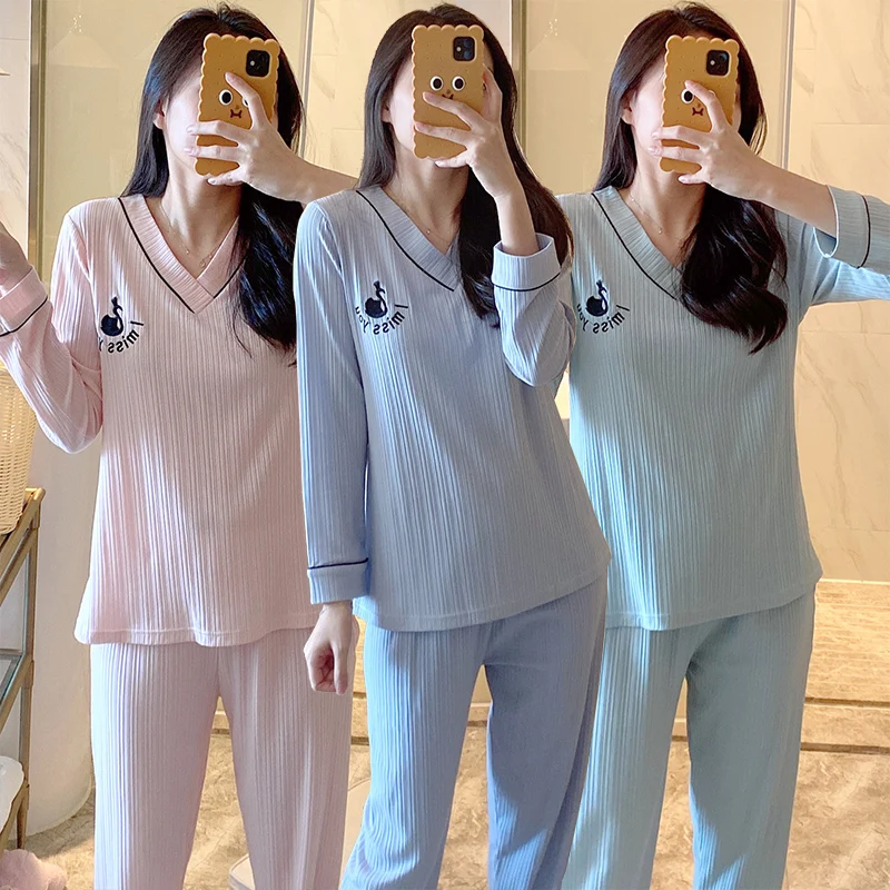 

2022 Spring Autumn Long Sleeve V-neck Cotton Pajama Sets for Women Cute Sleepwear Suit Pyjama Homewear Pijama Mujer Home Clothes