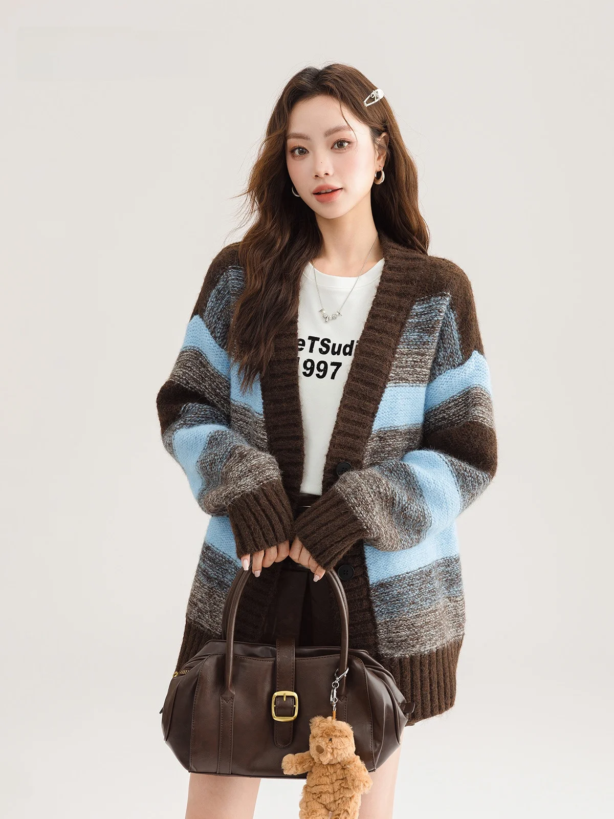 Zhou Mo Hong Kong Sle Ретро полосатый кардиган с v-образным вырезом свитер женский осенний