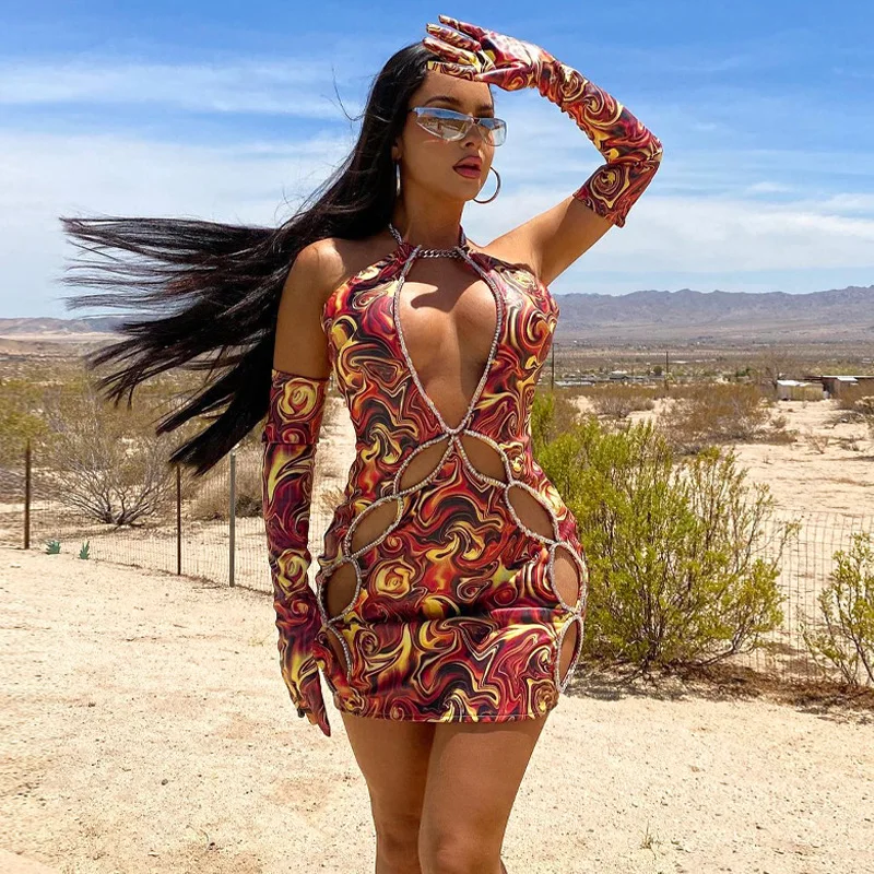 

Chain Halter Backless Lace Up Hollow Out With Gloves Mini Dress Bodycon Sexy Party Club Y2K