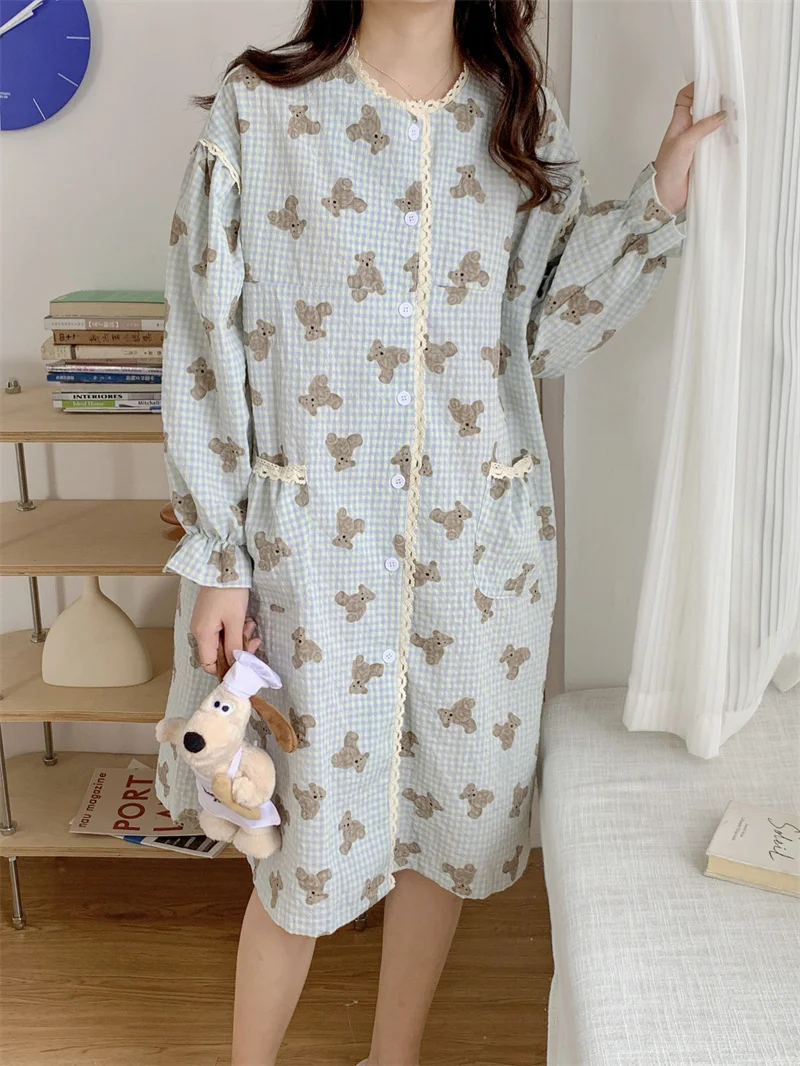 

Autumn Long-sleeved Nightdress Women's Sweet Bear Print Homewear Plaid Pajamas Korean Comfortable Girl Ruffles Nightwear D569
