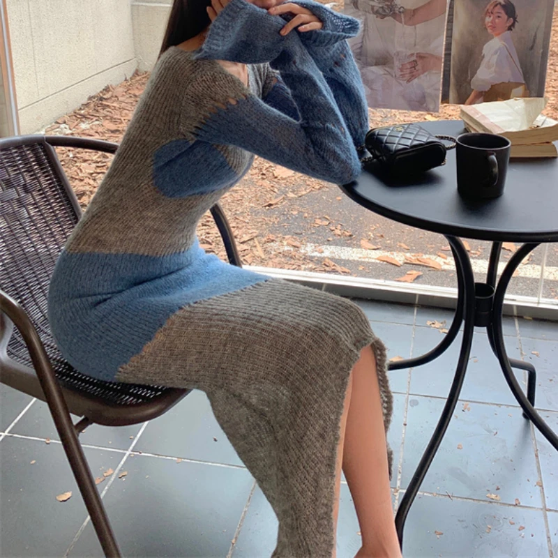 

2022 Korean Stitching Mid-length Fishtail Y2k Long Sleeved Knitted Dresses Women O-Neck Sexy Wrap One's Buttocks Robe Slim Sexy