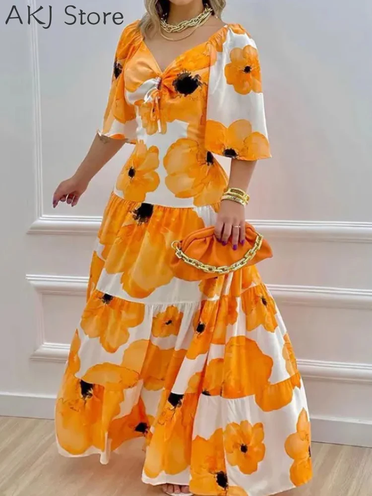 

Women Floral Print Bell Sleeve Tie Front Maxi Dress