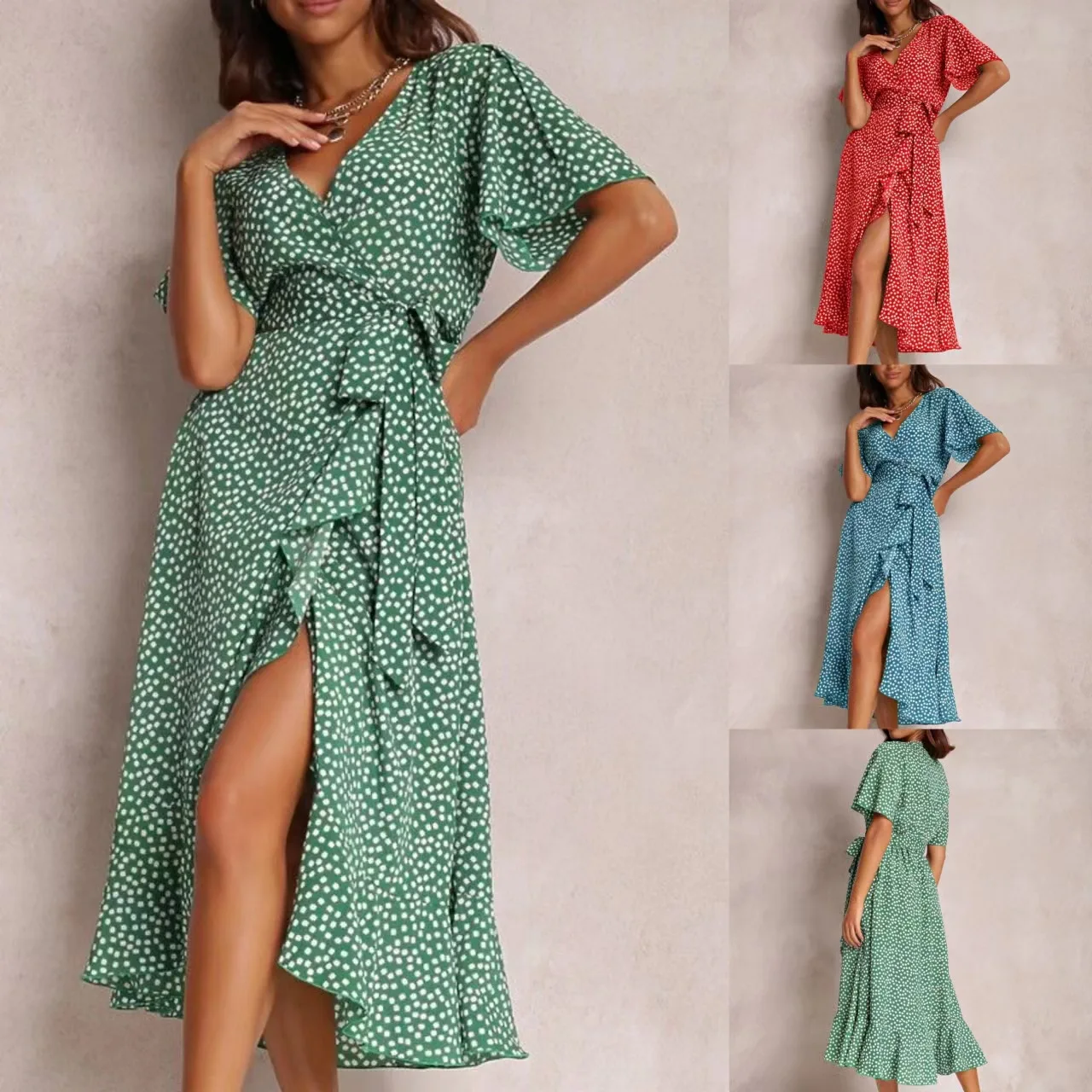 

Spring and Summer Women's Casual Elegant V-neck Irregular Short Sleeve High Waist Lace Up Ruffled Split New Printed Dress