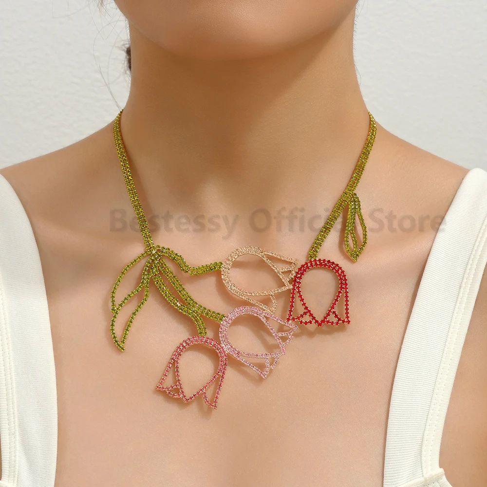 

New Colorful Crystal Tulip Decor Metal Necklaces For Women Luxury Original Design Fashion Collar Jewelry Wholesale Choker Bijoux