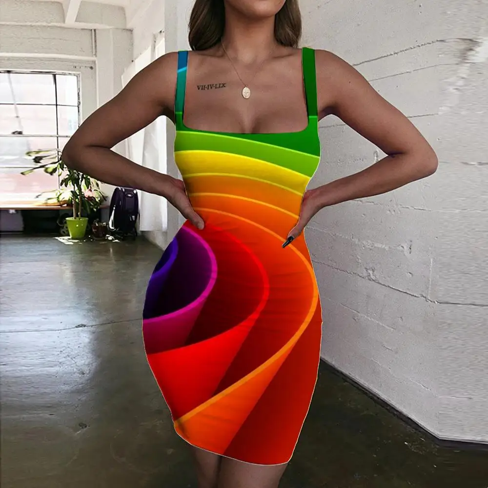 

SOMEPET Rainbow Dress Women Rainbow Abstraction Halter Sleeveless Gradient Sundress Swirl Vestido Sexy Womens Clothing