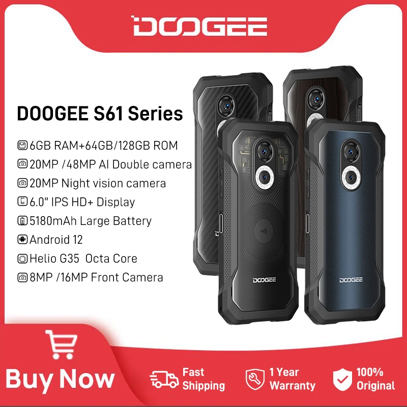 

Прочный телефон DOOGEE S61, 20 МП, камера ночного видения, несколько задних крышек, IP68/IP69K, аккумулятор 5180 мАч