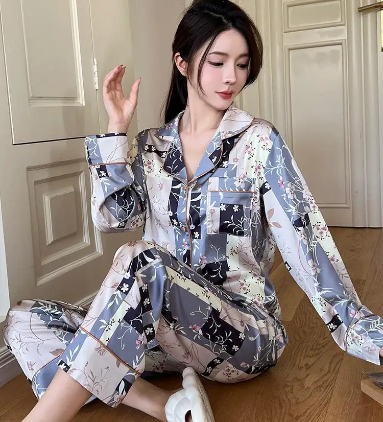 

Print Pyjamas Nightwear Female 2PCS Pajamas Set Long Sleeve Sleepwear Home Clothes Casual Women Silky Satin Sleepshirt Suit
