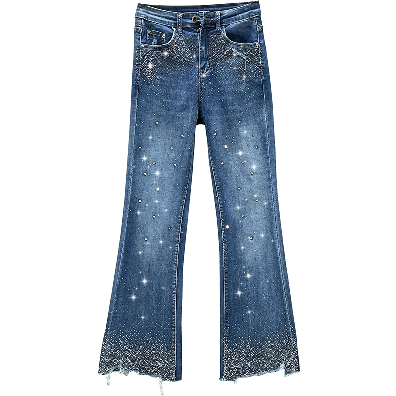 Jeans for Women 2022 New Thin Summer Clothing High Waist Slim Fit Denim Trousers Heavy Hot Drilling Flare Pants Ladies Blue Jean