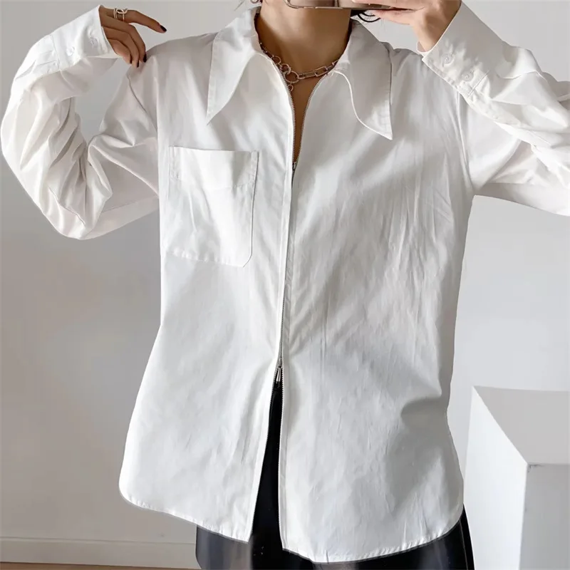 

LXUNYI White Shirt Women Spring Autumn Design Casual Style Long Sleeve Blouse with Zipper Mid Length Cotton Tops Women 2022