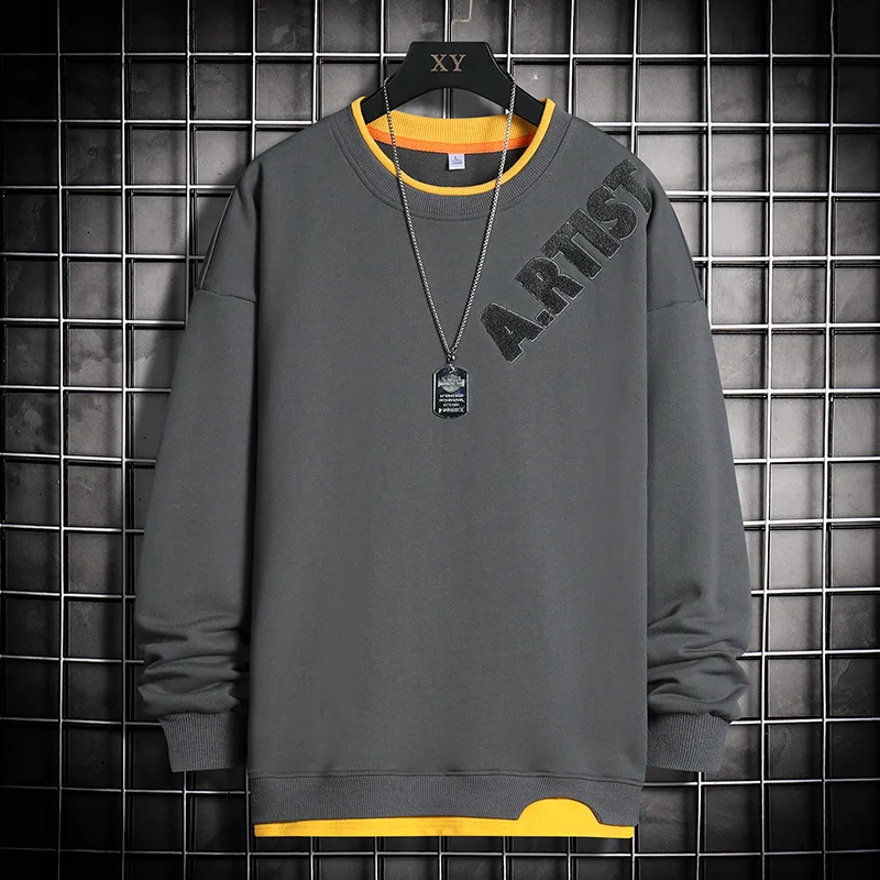 

2022 New Men's Sweatshirts Autumn Fake Two-piece Round Collar Men Sweatshirt Casual Loose Long Sleeve Mens Hoodies Street Trendy