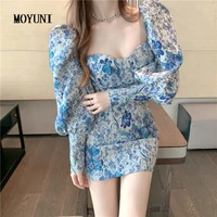 autumn slim sexy square long sleeve blue print dress short beach waist casual hip robe femme elegant vintage ropa vestido mujer