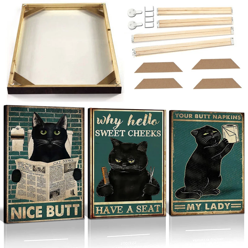 

Funny Cat Retro Poster Wall Art Canvas Painting with Frame Modern Abstract Animal Canvas Print Picture Bar Club Cafe Home Decor