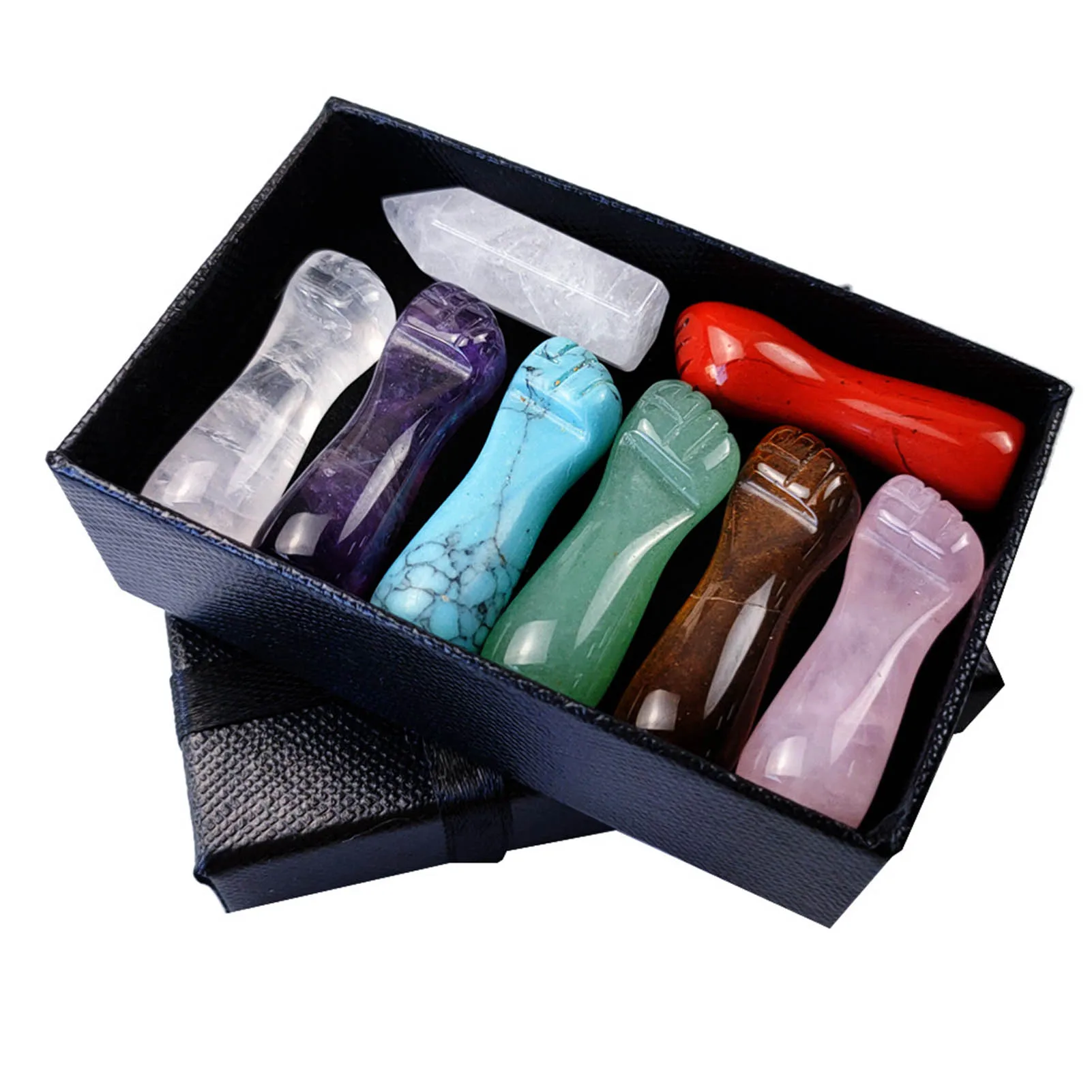 

8Pcs Healing Crystals Set With 7 Fist-shape Chakra Crystals And 1 Hexagonal Column Stone Novel Chakra Stones For Yoga Home Decor