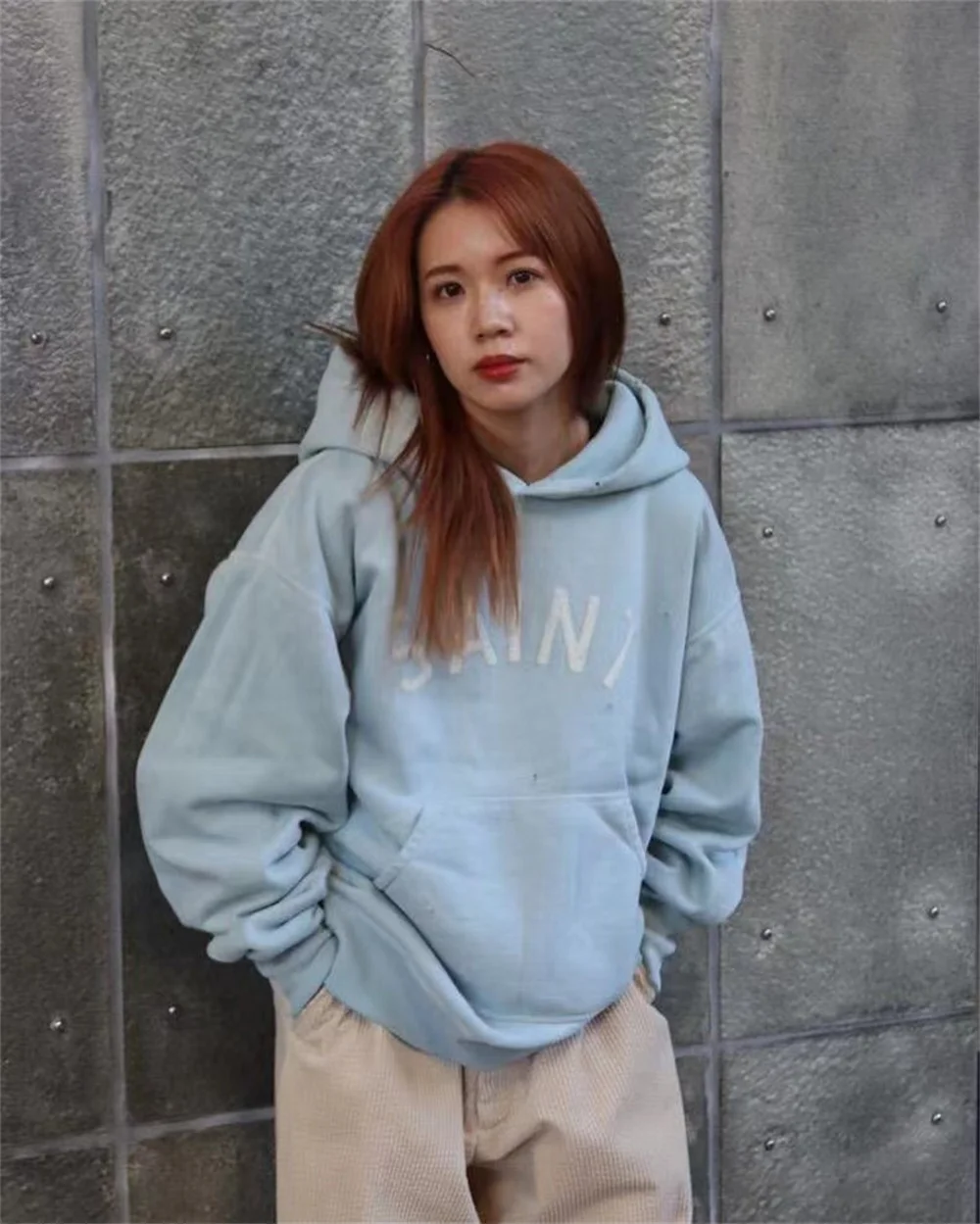 

New Saint Michael embroidered letters sky blue retro hip-hop hoodie high street American casual oversized fleece sweater