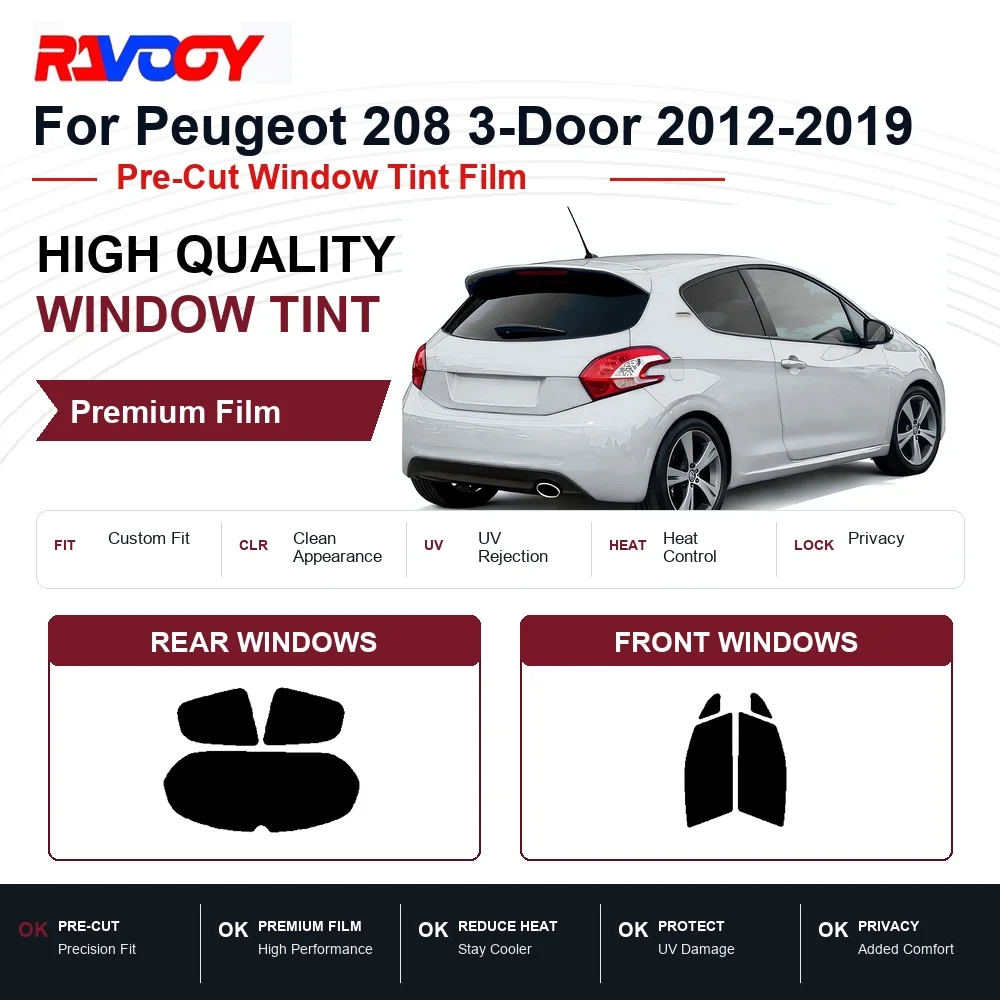 Фото Премиальная предварительно нарезанная тонировочная пленка для окон Peugeot 208 3-дверный 2012-2019, для передних и задних стекол, с защитой от УФ-излучения и теплоизоляцией, пленка для обеспечения конфиденциальности. №1