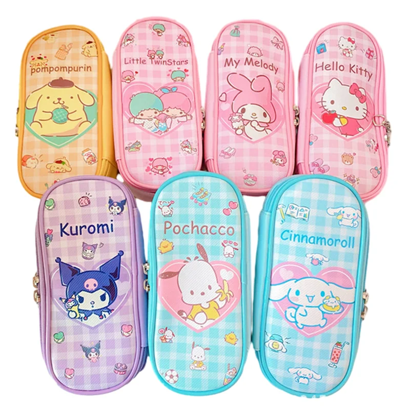 

Sanrios Hello Kitty Kuromi My Melody Cinnamoroll Pompom Purin Pachacco Makeup Bag Kawaii Pu Leather Student Stationery Pen Case